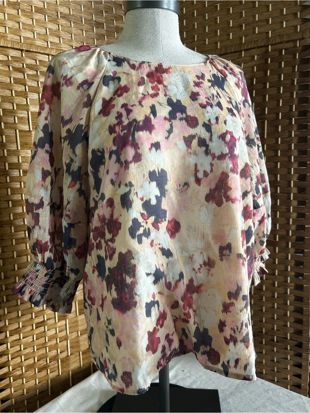 Melloday Floral Smocked Sleeve Blouse Large Tencel Boho Romantic Top